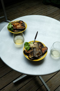 High angle view of food in plate on table