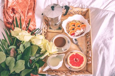 High angle view of breakfast on table