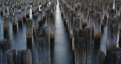 High angle view of wooden posts in water