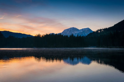 Scenic view of lake against sky during sunset