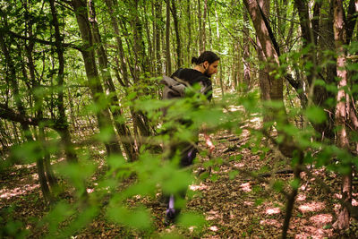 Young man amidst trees in forest