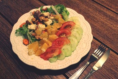 High angle view of salad in plate on table