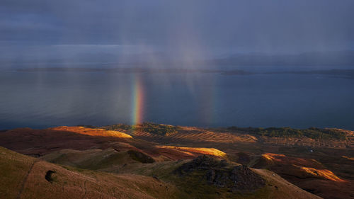 Scenic view of rainbow over sea against sky