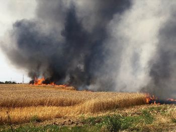 Low angle view of fire on field against sky