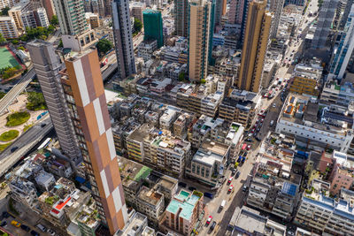 High angle view of buildings in city