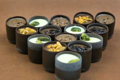 High angle view of sushi in container on table