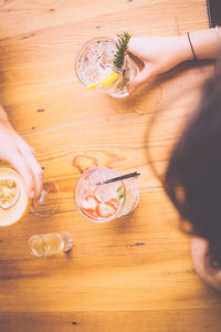 High angle view of food on wooden table