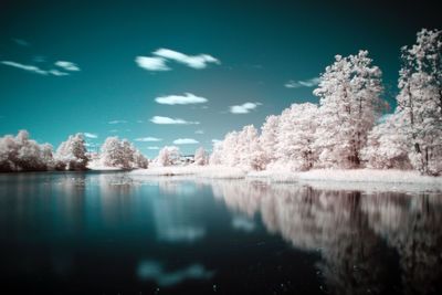 Scenic view of lake against sky during winter