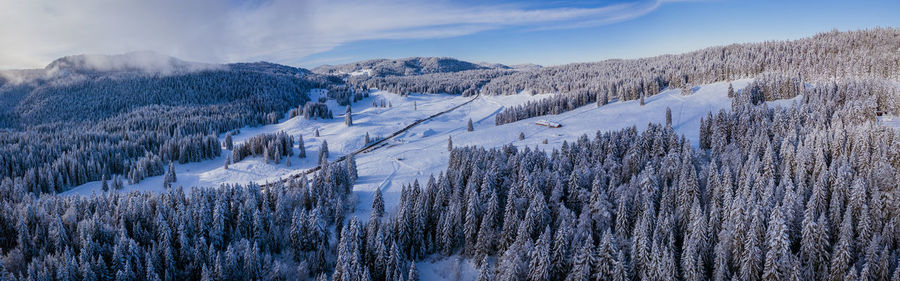 Scenic view of snow covered mountains against sky