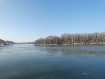 Scenic view of lake against clear blue sky