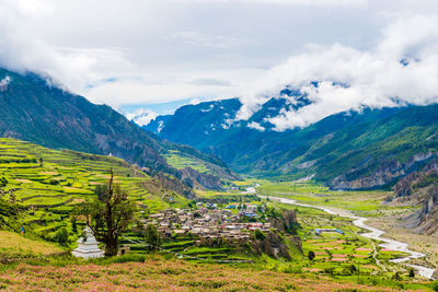 Scenic view of field and mountains against sky