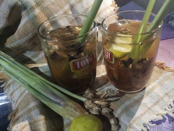 Close-up of drink in glass jar on table