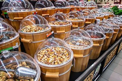 High angle view of food for sale at market stall