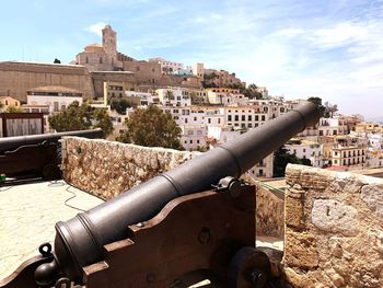 Cannon against buildings in city