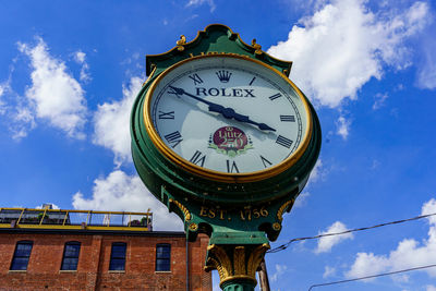 Low angle view of clock tower against sky in city