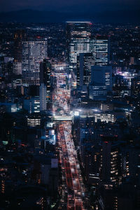 High angle view of night time tokyo city streets