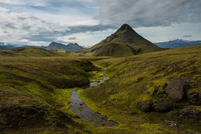 Scenic view of mountains against cloudy sky