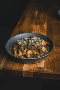 High angle view of food in plate on table