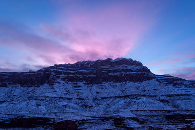 Scenic view of snowcapped mountains against sky during sunset