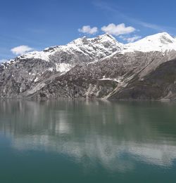 Scenic view of snowcapped mountains by lake against sky