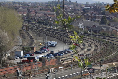 High angle view of vehicles on road in city