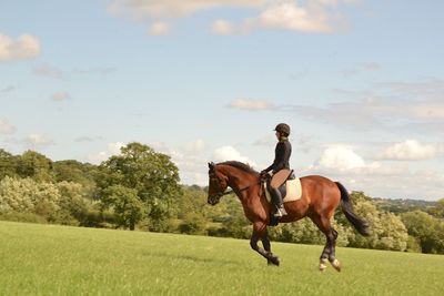 Female jockey riding horse in grassy field against sky
