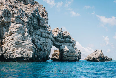 Rock formations by sea against sky