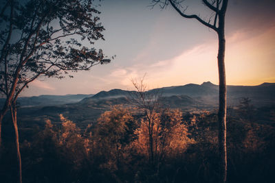 Scenic view of mountains against sky during sunset