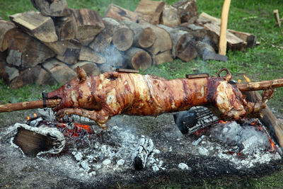 Close-up of meat on barbecue grill