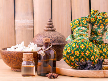 Close-up of various objects on table