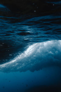 Vertical photo of underwater vision of a breaking wave.