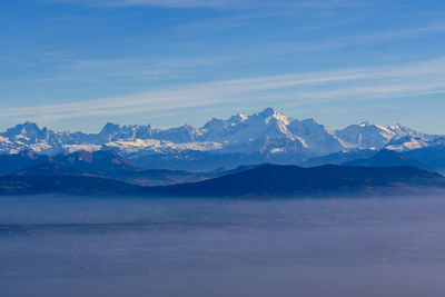 Scenic view of snowcapped mountains against sky