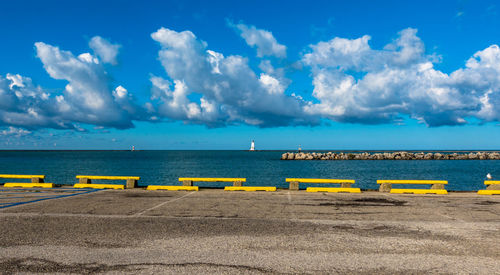 Scenic view of sea against blue sky