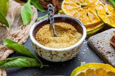 High angle view of food in bowl on table