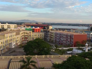High angle view of buildings against sky