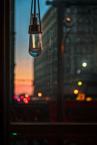 Close-up of illuminated glass window at night