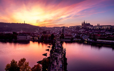 Bridge over river by buildings against sky during sunset