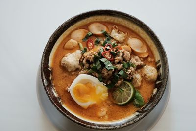 High angle view of breakfast in bowl on table