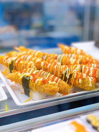 Close-up of food served in tray