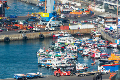 High angle view of boats moored at commercial dock