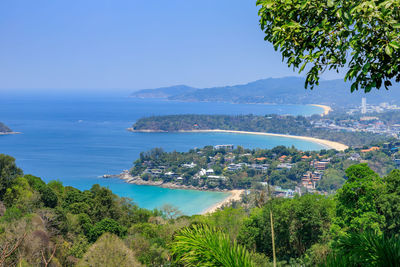 High angle view of bay against sky