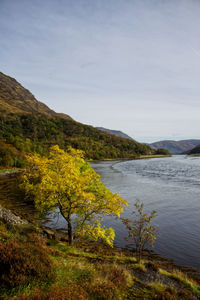 Scenic view of lake by mountain against sky