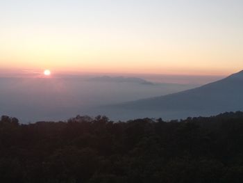 Scenic view of silhouette mountain against sky during sunset