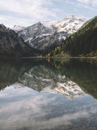 Scenic view of lake and mountains against sky