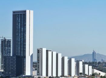 Modern skyscrapers against clear blue sky