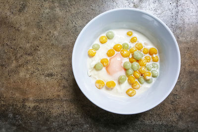 High angle view of breakfast in bowl on table