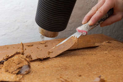 Close-up of woman hand holding wood