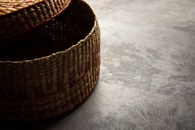 High angle view of wicker container