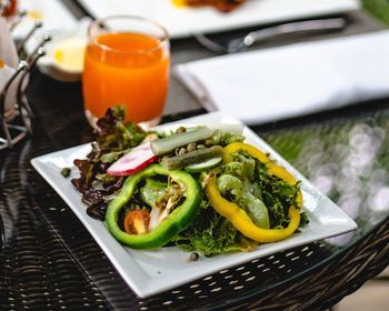 High angle view of breakfast served on table