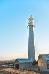 Lighthouse on beach against clear sky during sunset